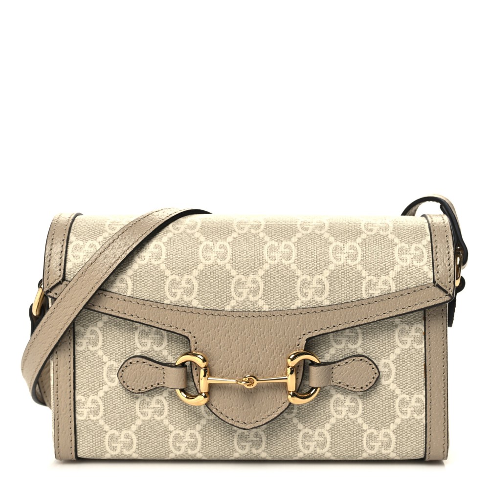 GG Supreme Monogram Textured Dollar Calfskin Mini Horsebit 1955 Shoulder Bag Beige Mystic White Oatmeal