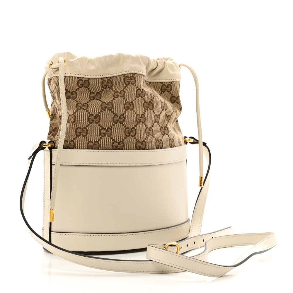 Monogram Textured Calfskin Horsebit 1955 Drawstring Bucket Bag Beige Mystic White