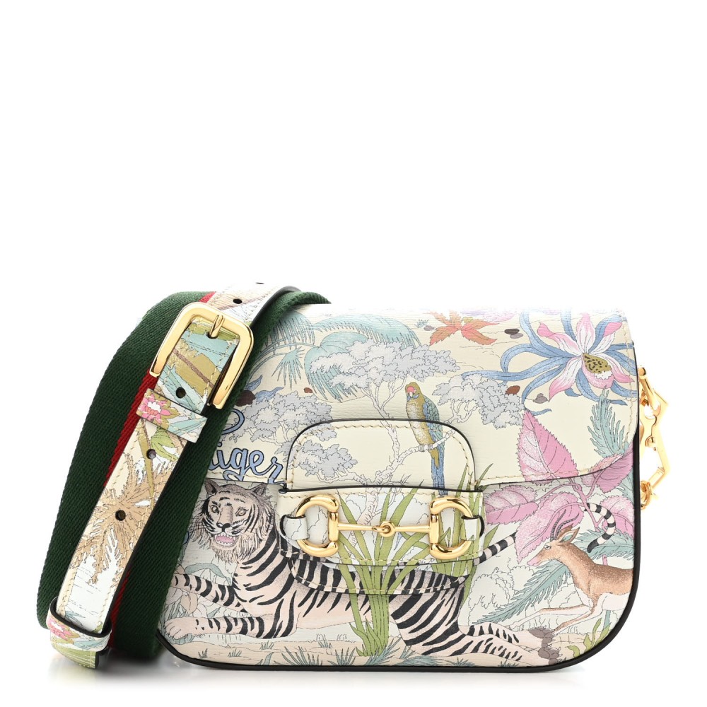 New Shangai Calfskin Tiger Savanah Web Mini Horsebit 1955 Shoulder Bag Chalky White Multicolor