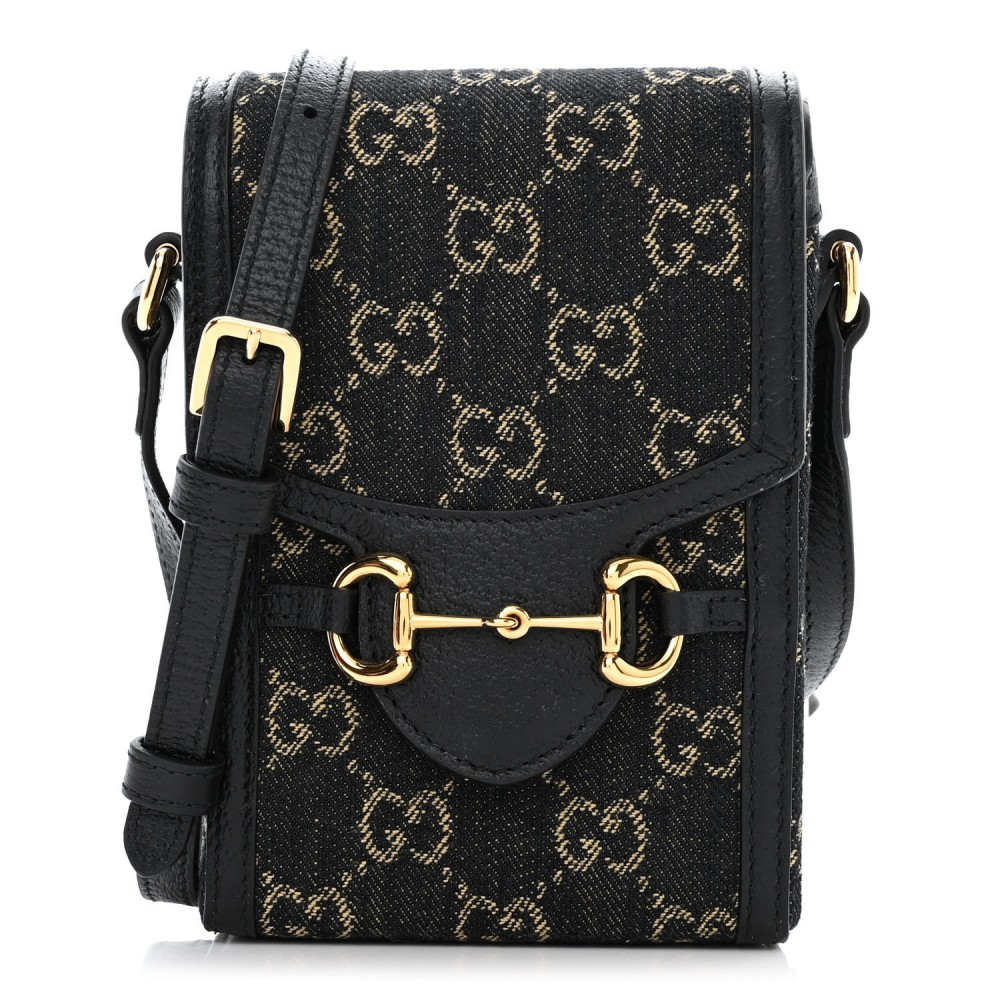 Jacquard Black Denim GG Monogram Textured Dollar Calfskin Mini Horsebit 1955 Crossbody Bag Black Ivory