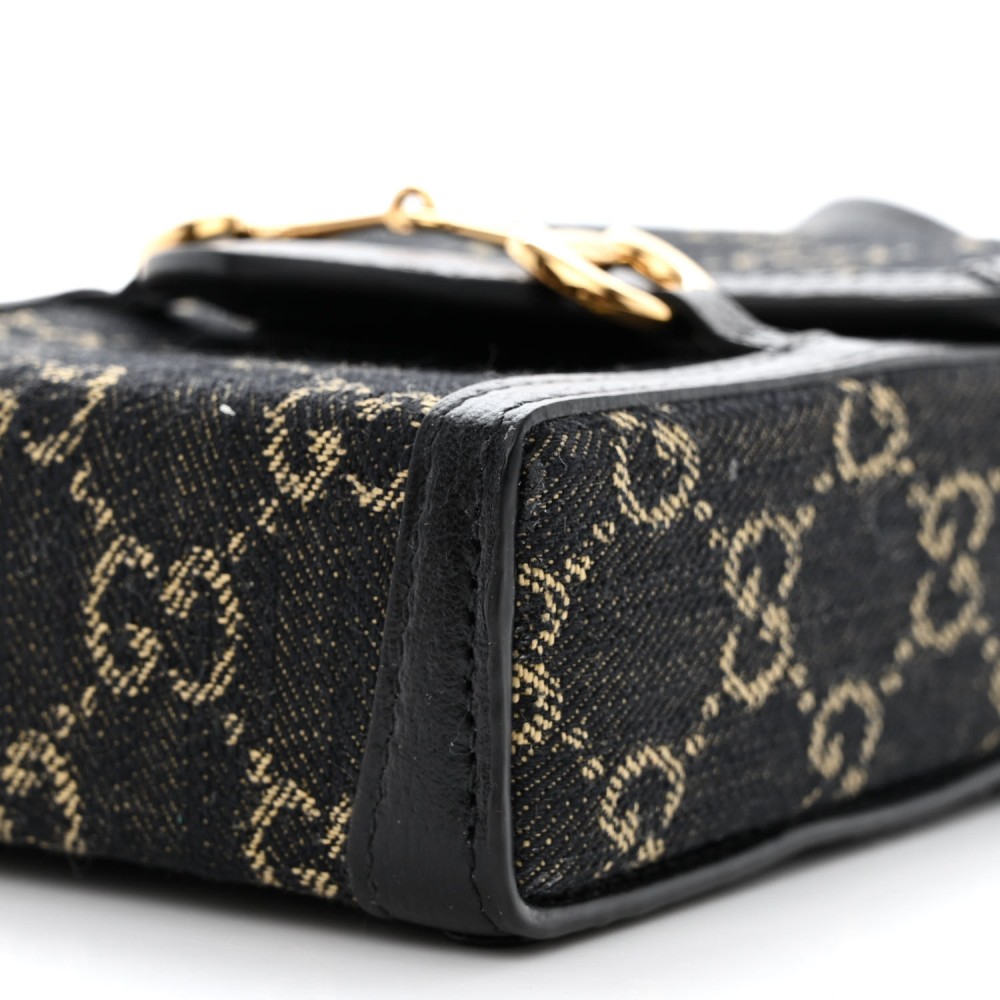 Jacquard Black Denim GG Monogram Textured Dollar Calfskin Mini Horsebit 1955 Crossbody Bag Black Ivory