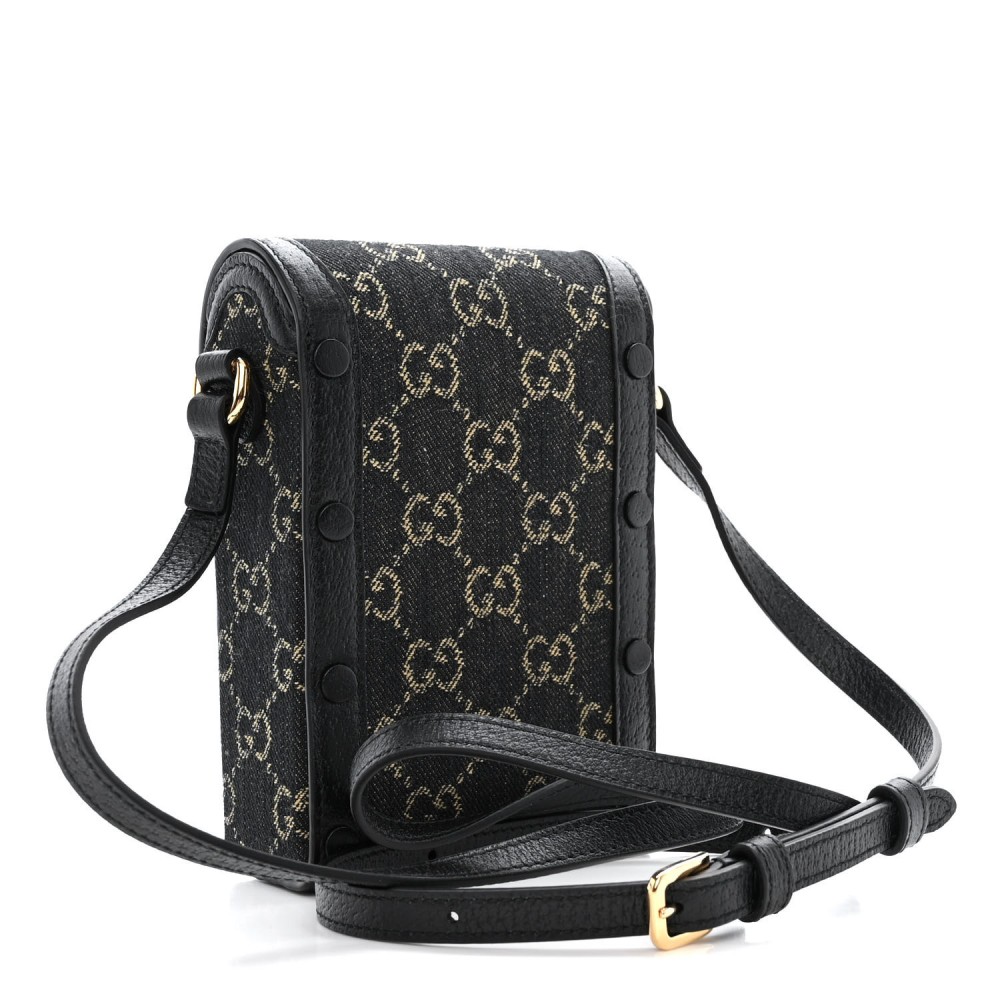 Jacquard Black Denim GG Monogram Textured Dollar Calfskin Mini Horsebit 1955 Crossbody Bag Black Ivory