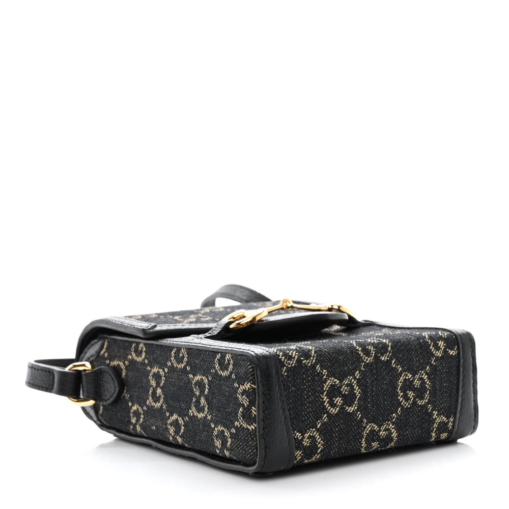 Jacquard Black Denim GG Monogram Textured Dollar Calfskin Mini Horsebit 1955 Crossbody Bag Black Ivory