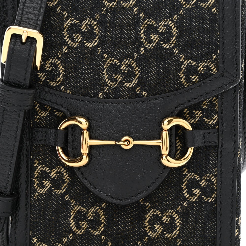 Jacquard Black Denim GG Monogram Textured Dollar Calfskin Mini Horsebit 1955 Crossbody Bag Black Ivory