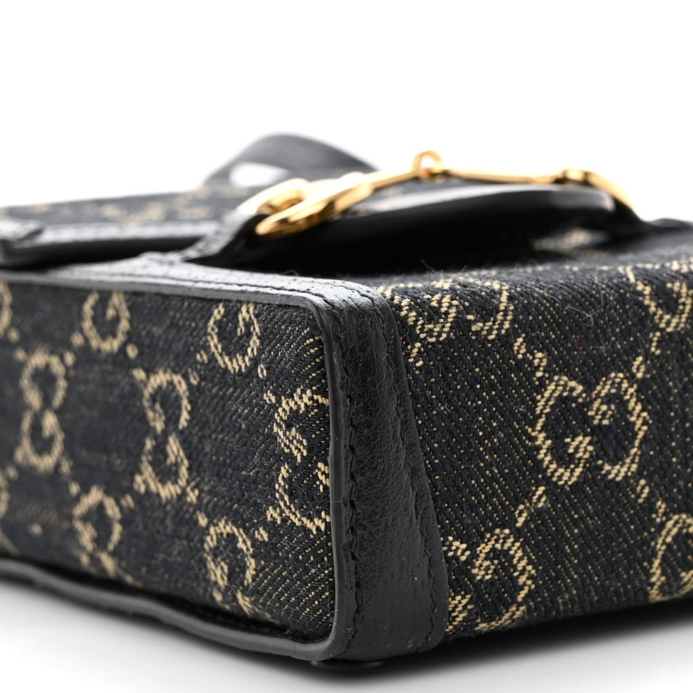 Jacquard Black Denim GG Monogram Textured Dollar Calfskin Mini Horsebit 1955 Crossbody Bag Black Ivory