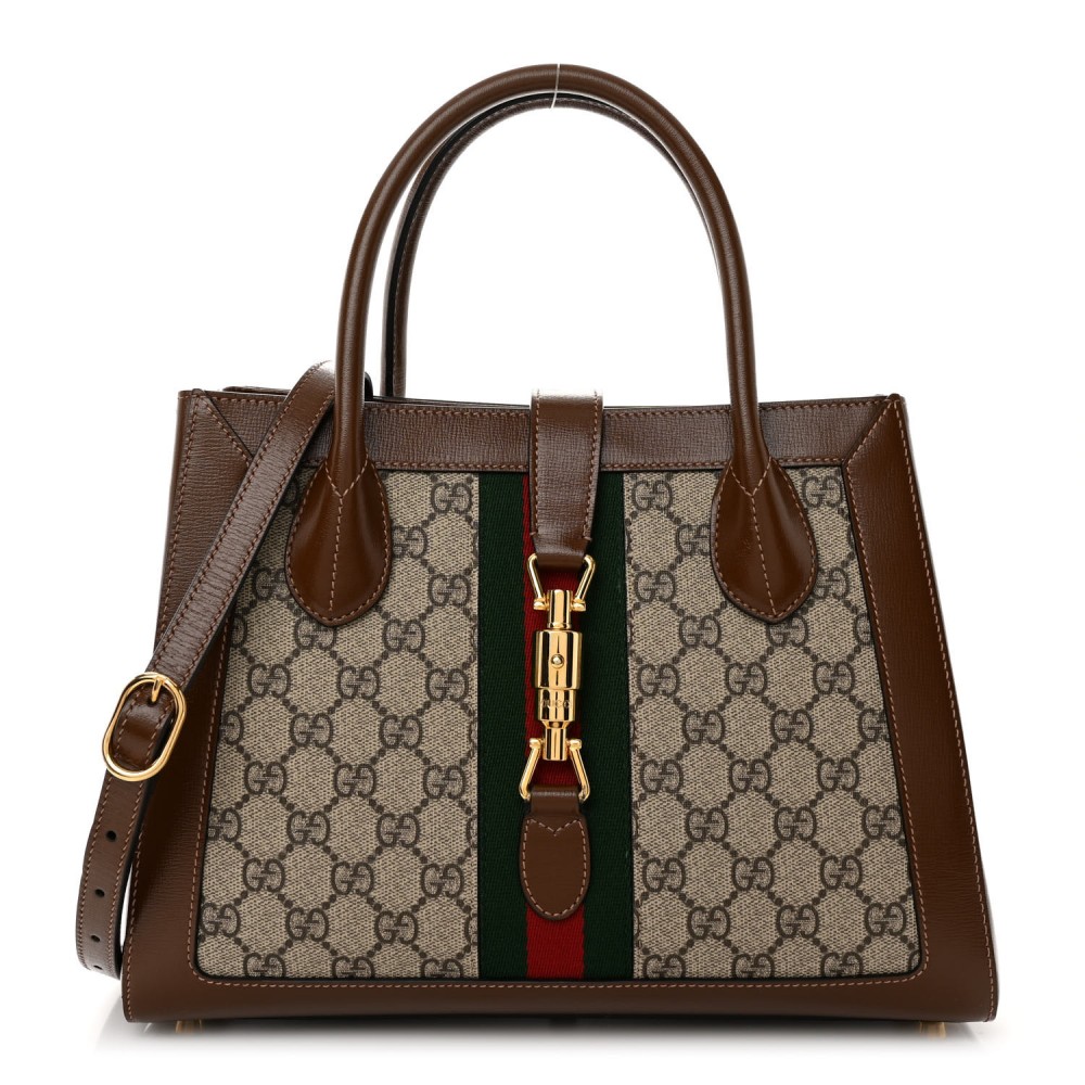 GG Supreme Monogram Azalea Calfskin Web Medium Jackie 1961 Tote Beige Ebony Brown Sugar