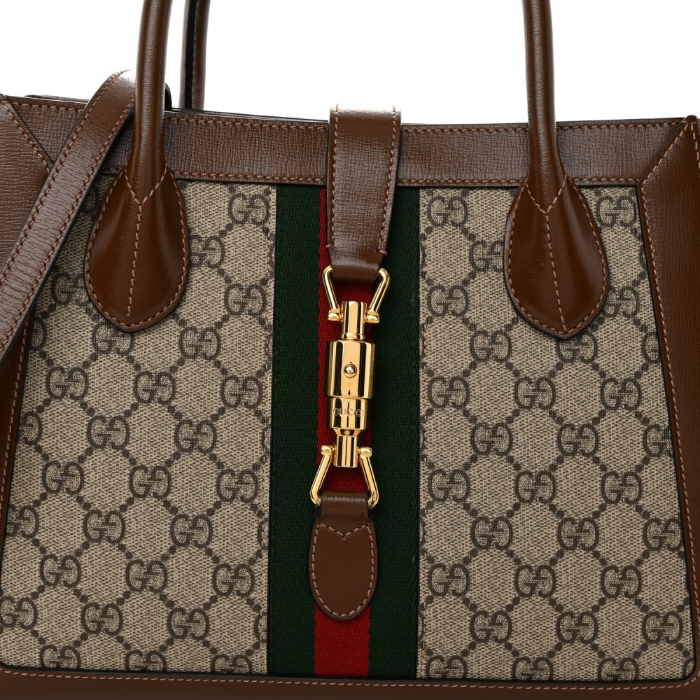 GG Supreme Monogram Azalea Calfskin Web Medium Jackie 1961 Tote Beige Ebony Brown Sugar