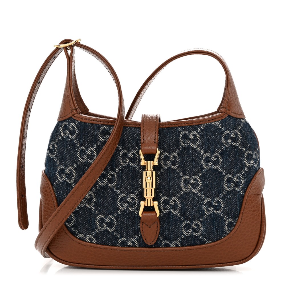 New Denim GG Monogram Calfskin Mini Jackie 1961 Hobo Blue Tea Cuir