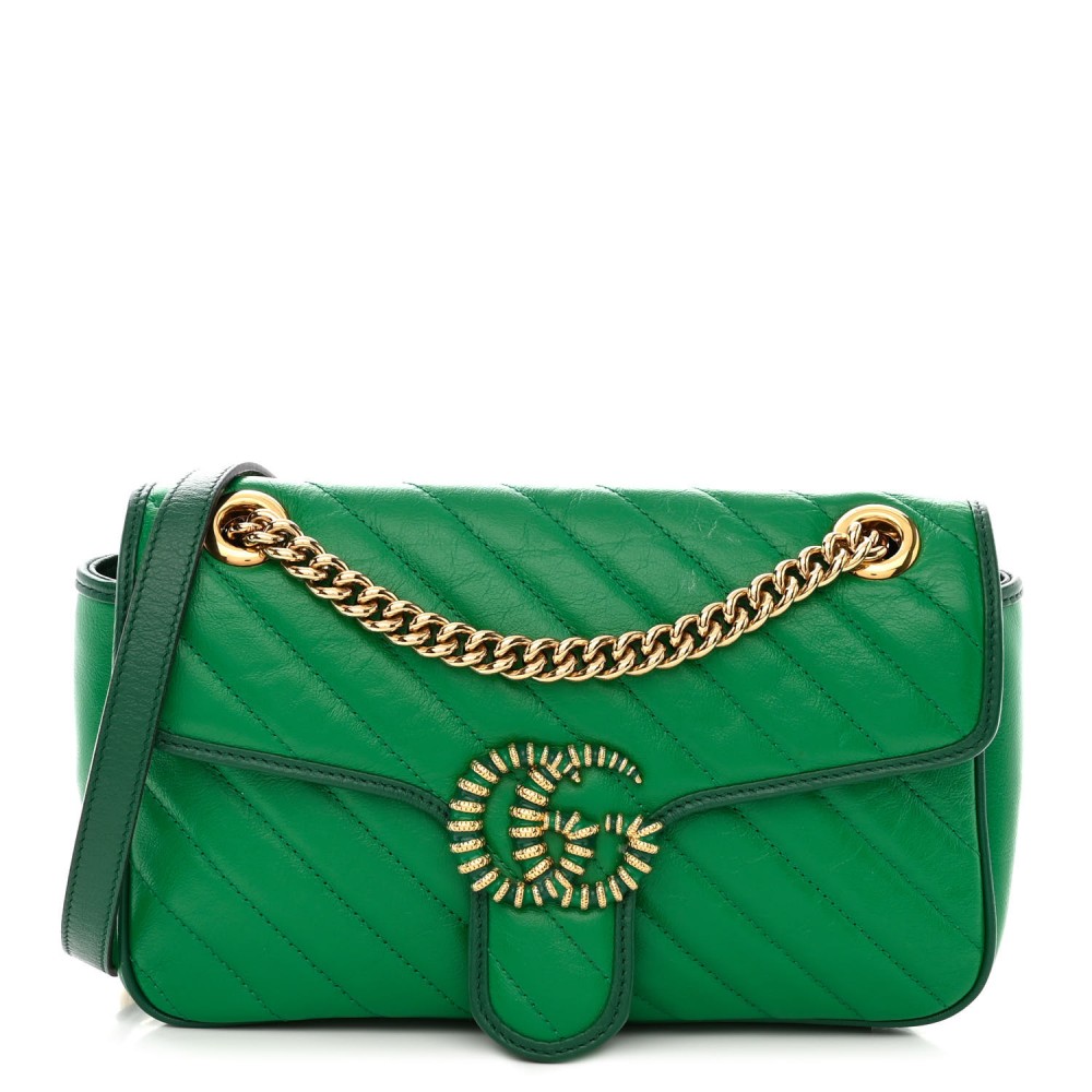 Azalea Calfskin Enamel Matelasse Diagonal Small Torchon GG Marmont Shoulder Bag New Shamarock Emerald