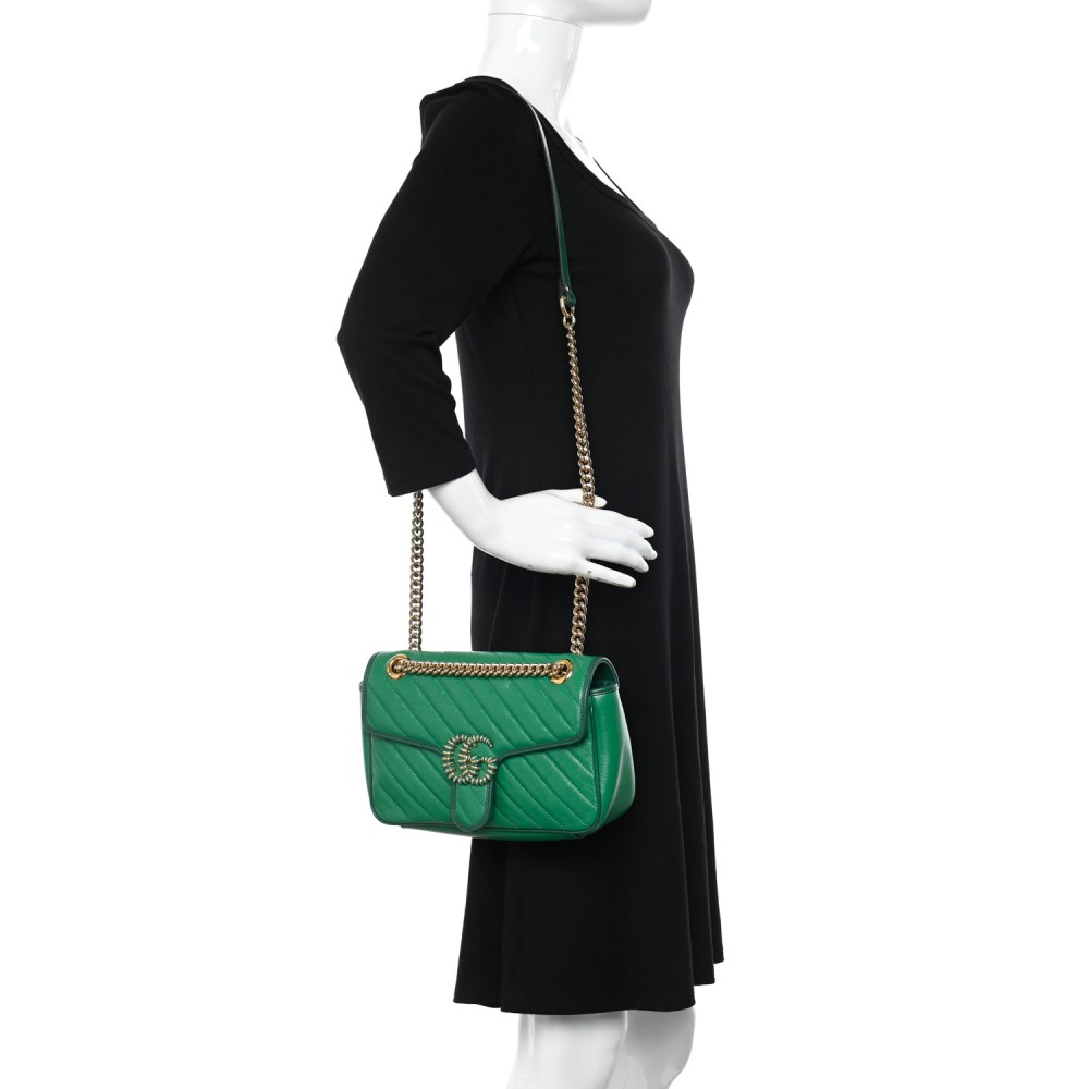 Azalea Calfskin Enamel Matelasse Diagonal Small Torchon GG Marmont Shoulder Bag New Shamarock Emerald