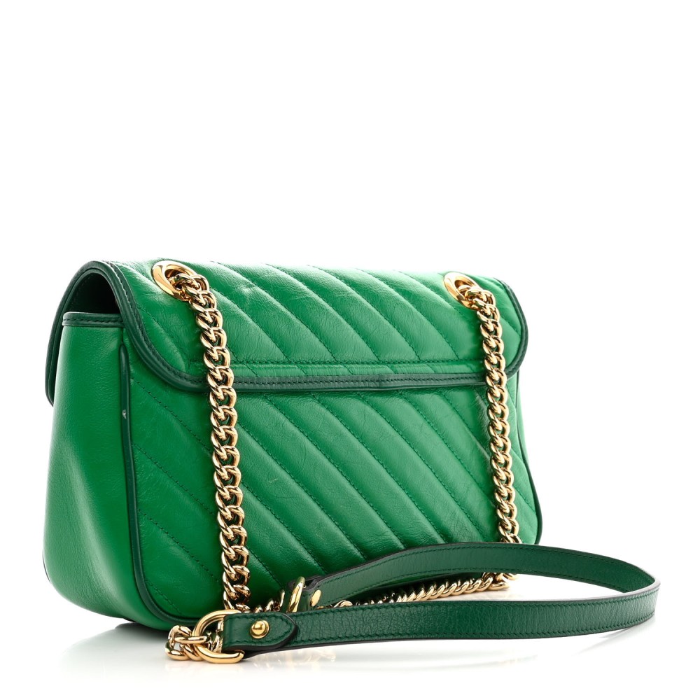 Azalea Calfskin Enamel Matelasse Diagonal Small Torchon GG Marmont Shoulder Bag New Shamarock Emerald