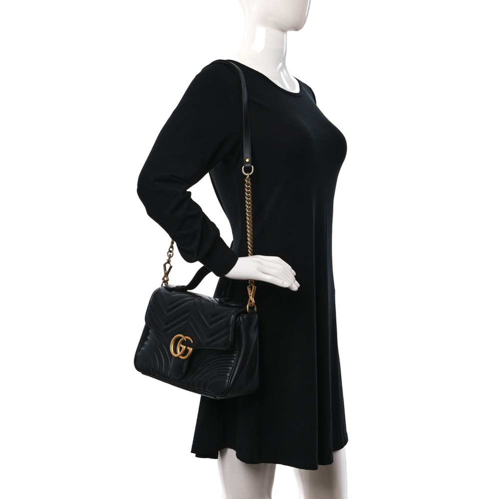 Calfskin Matelasse Small GG Marmont Top Handle Shoulder Bag Black