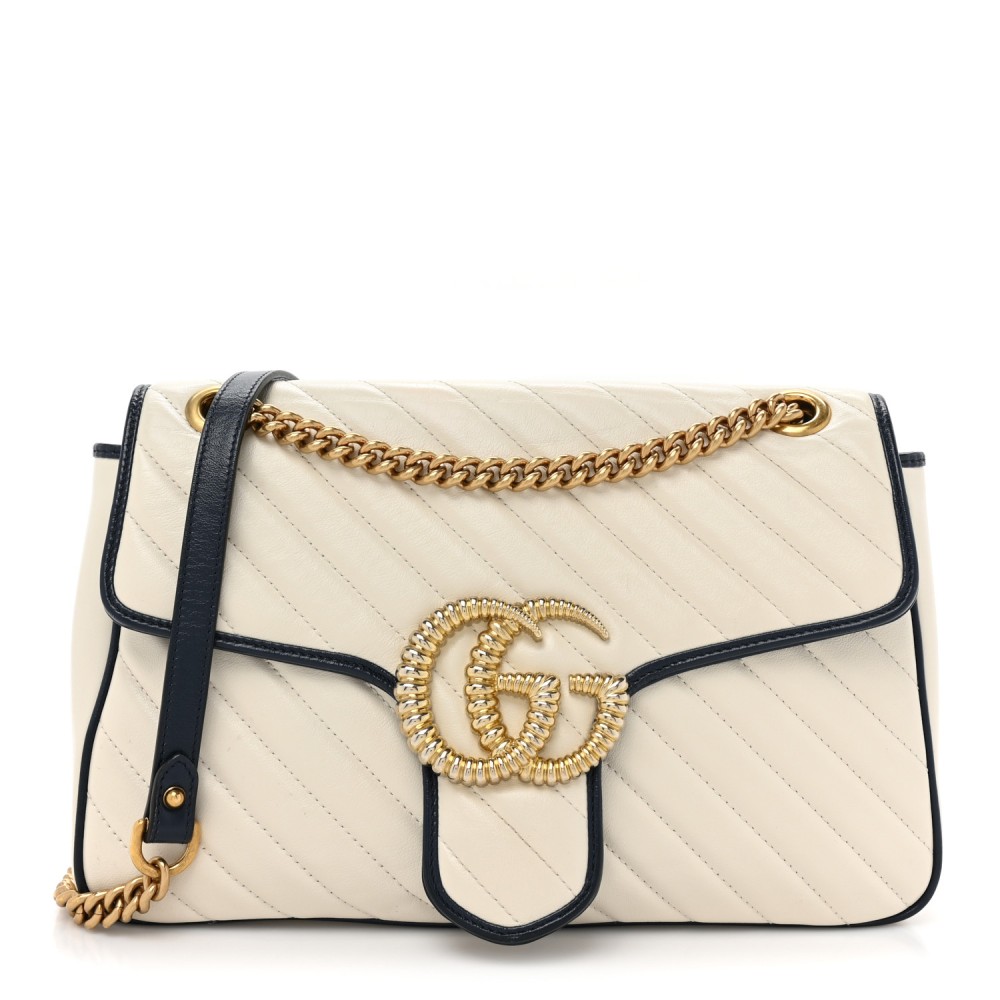 Vintage Effect Calfskin Matelasse Diagonal Medium Torchon GG Marmont Shoulder Bag Mystic White Blue Agata