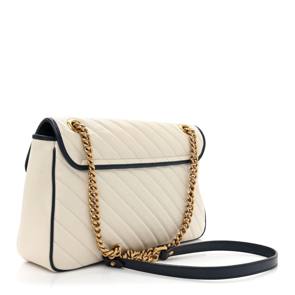 Vintage Effect Calfskin Matelasse Diagonal Medium Torchon GG Marmont Shoulder Bag Mystic White Blue Agata