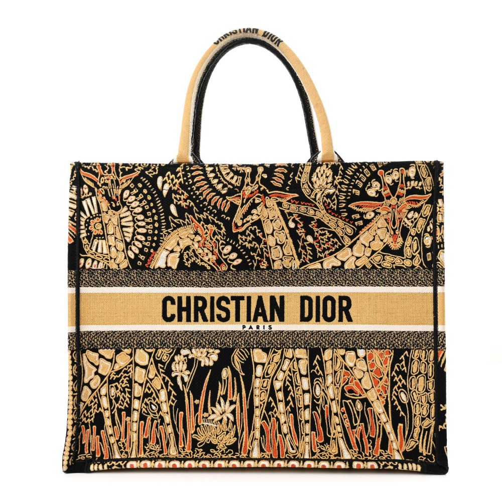 Canvas Embroidered Dior Animals Giraffe Book Tote Yellow Multicolor