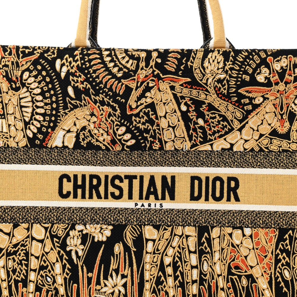 Canvas Embroidered Dior Animals Giraffe Book Tote Yellow Multicolor