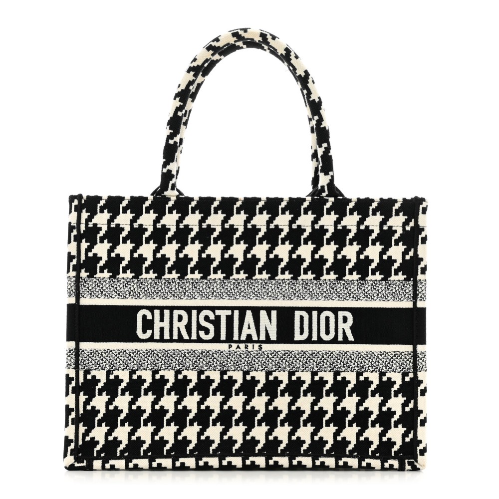 Canvas Macro Houndstooth Embroidered Medium Book Tote Black White