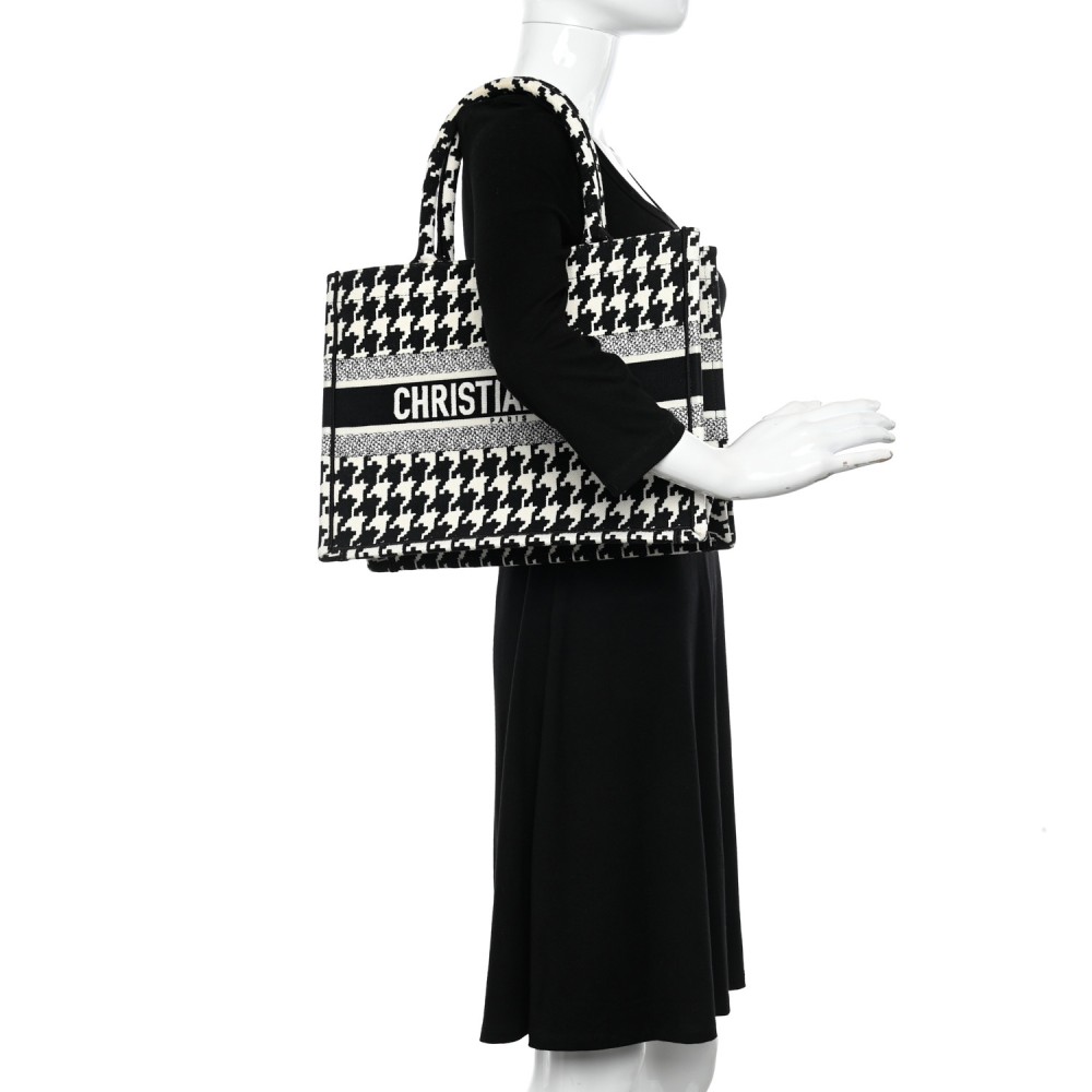 Canvas Macro Houndstooth Embroidered Medium Book Tote Black White