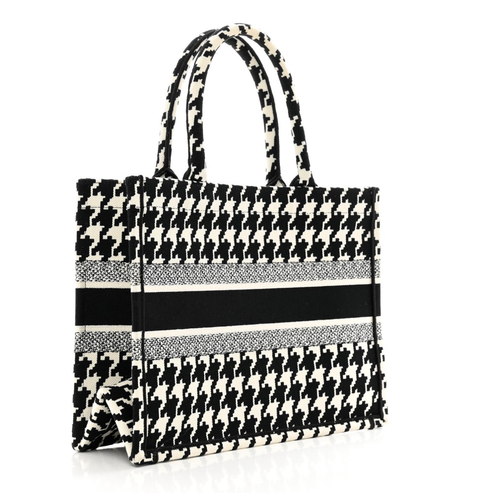 Canvas Macro Houndstooth Embroidered Medium Book Tote Black White