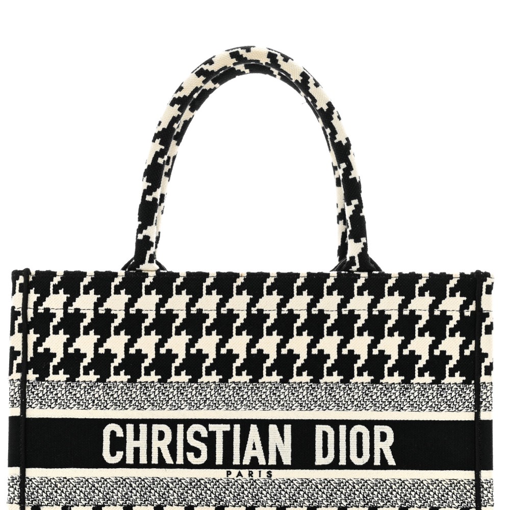 Canvas Macro Houndstooth Embroidered Medium Book Tote Black White