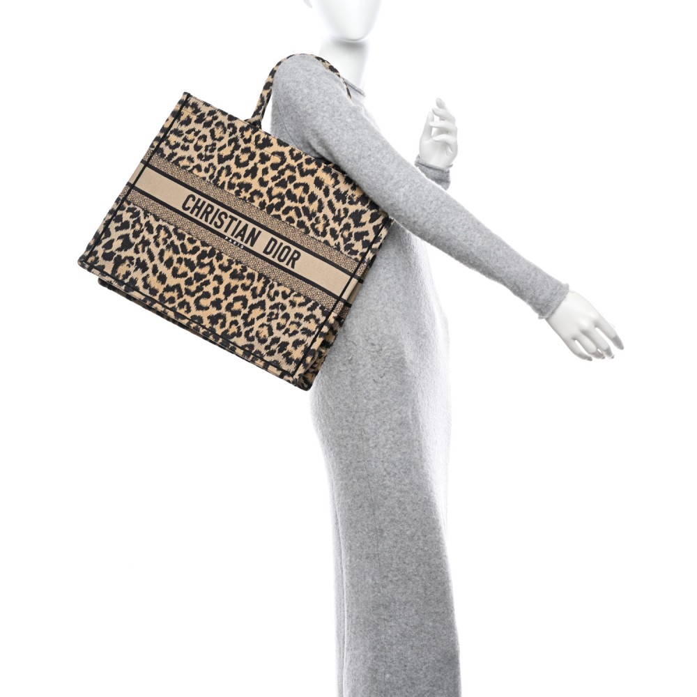 Canvas Mizza Embroidered Large Leopard Book Tote Beige