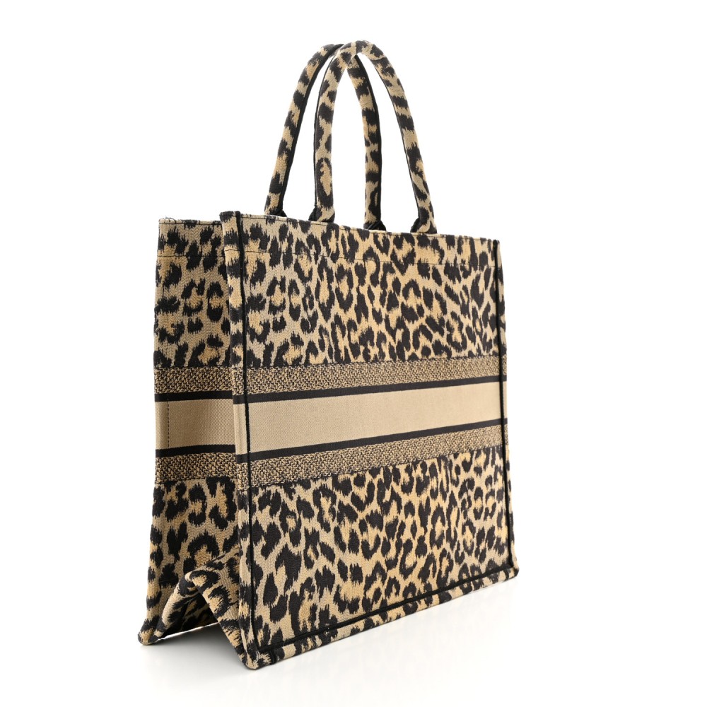 Canvas Mizza Embroidered Large Leopard Book Tote Beige