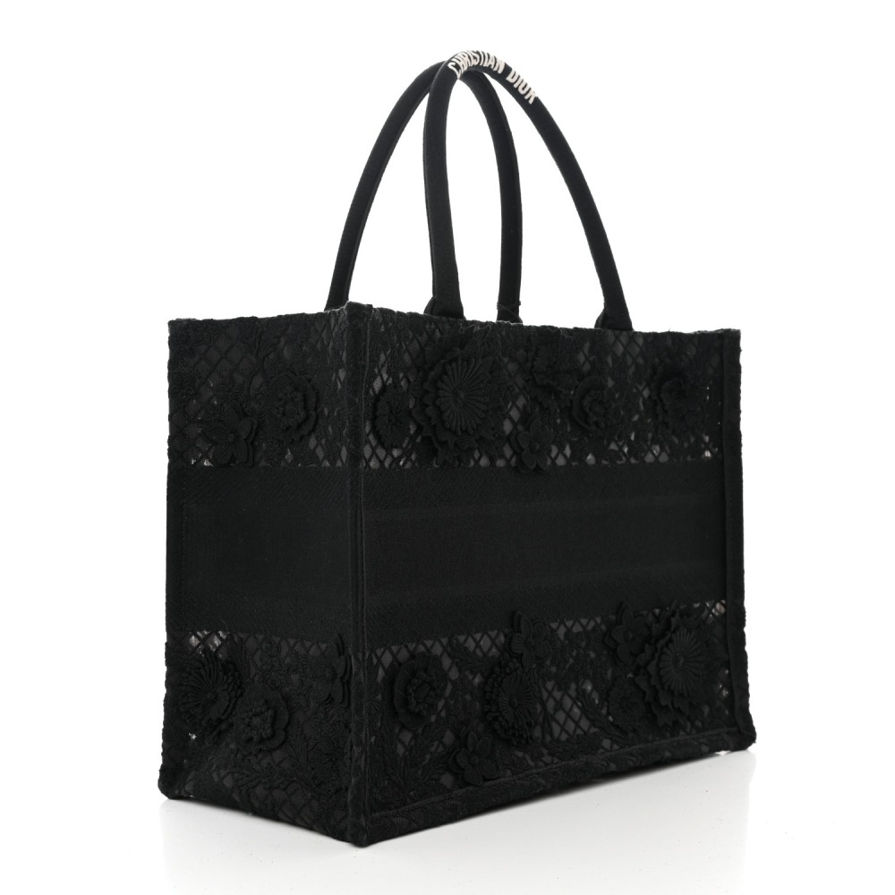 Embroidered 3D Macrame D-Lace Butterfly Medium Book Tote Black Multicolor