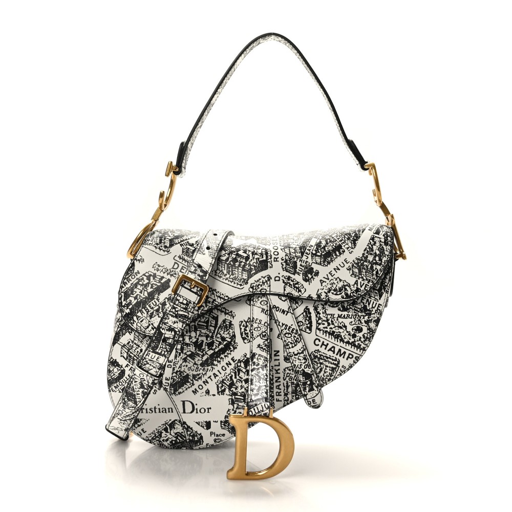 Calfskin Plan De Paris Printed Saddle Bag With Strap White Black