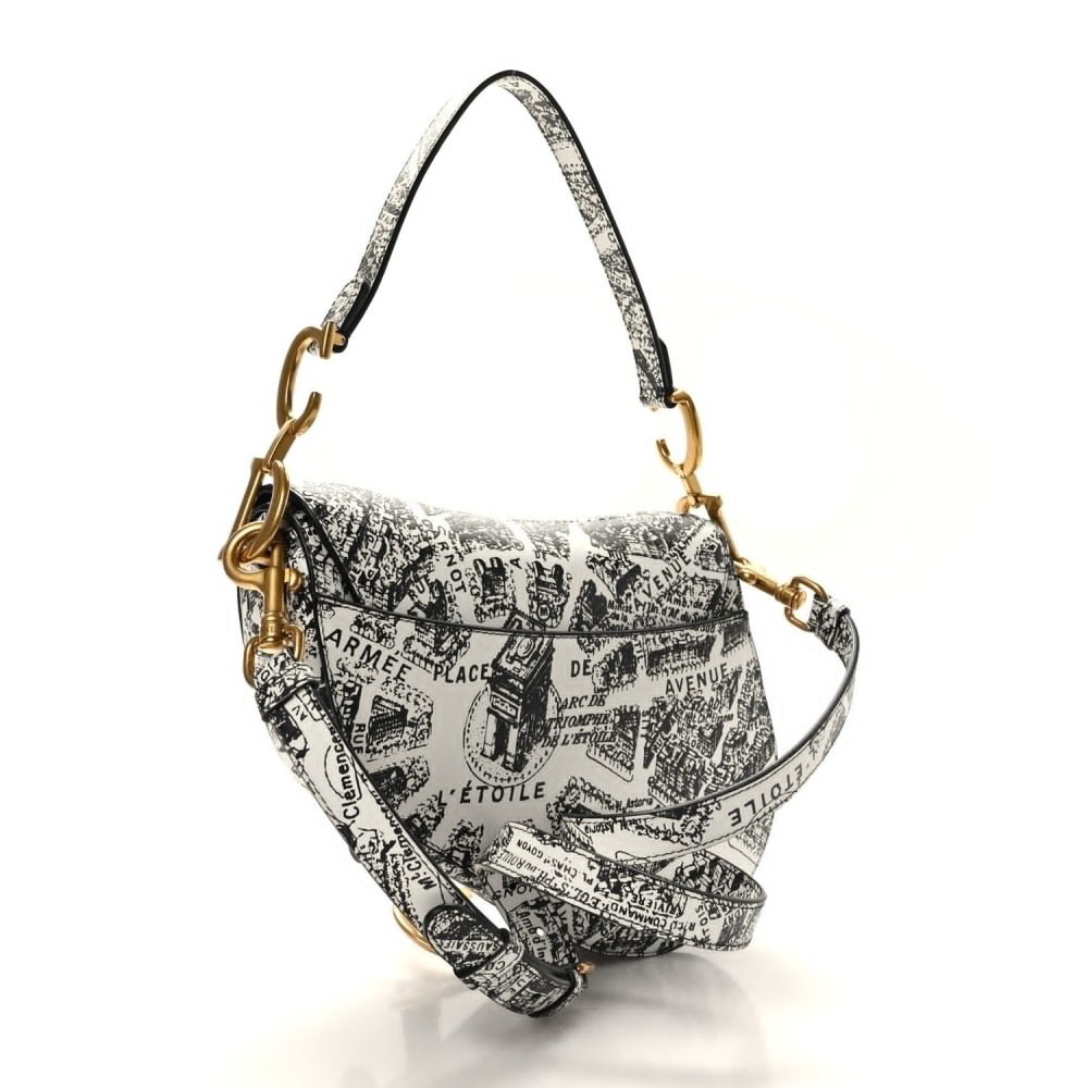 Calfskin Plan De Paris Printed Saddle Bag With Strap White Black