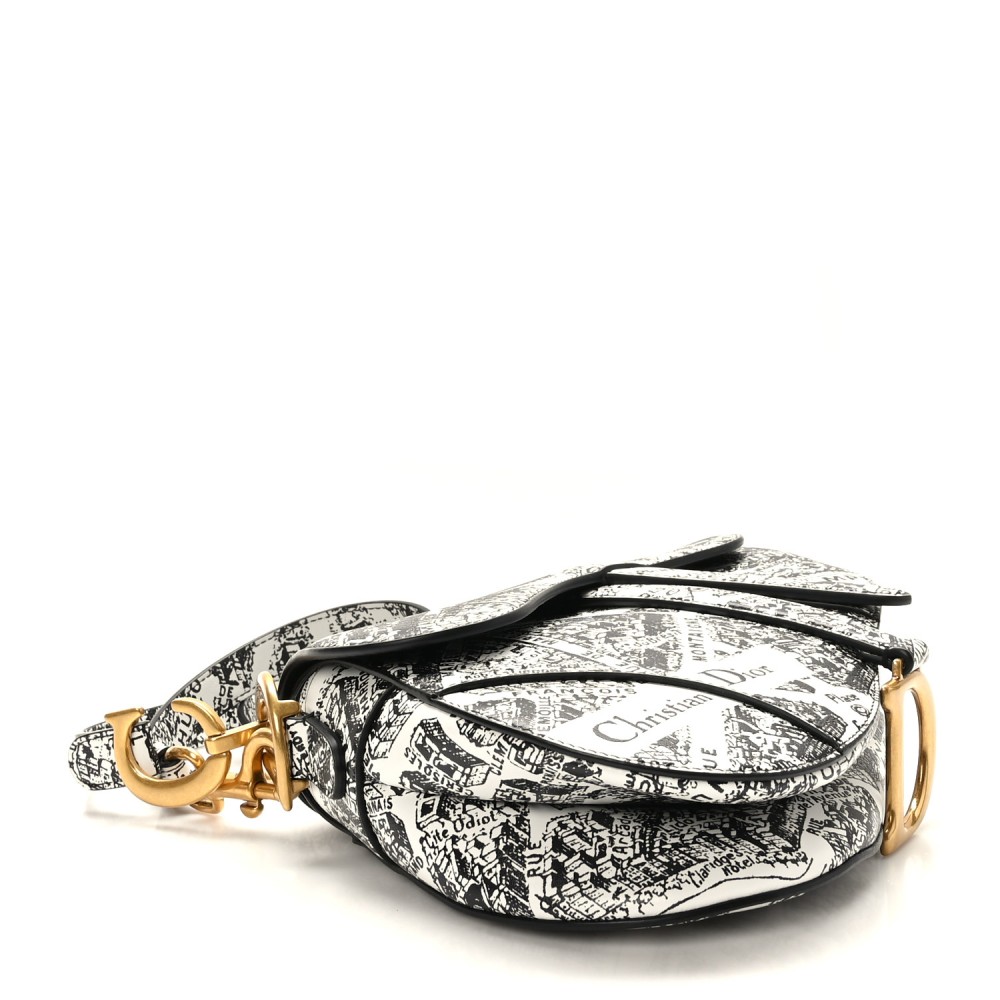 Calfskin Plan De Paris Printed Saddle Bag With Strap White Black