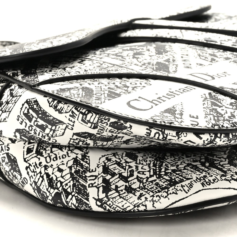 Calfskin Plan De Paris Printed Saddle Bag With Strap White Black