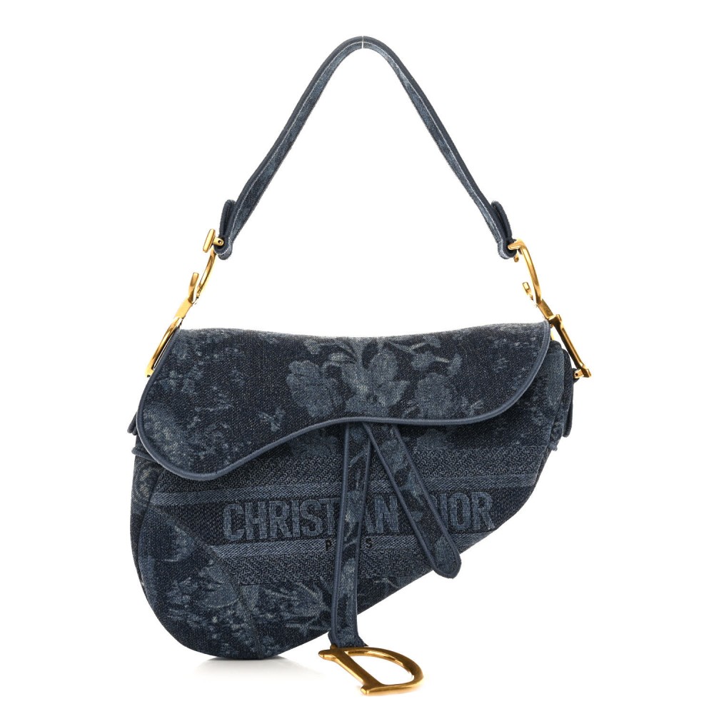 Denim Flowers Embroidered Saddle Bag Blue