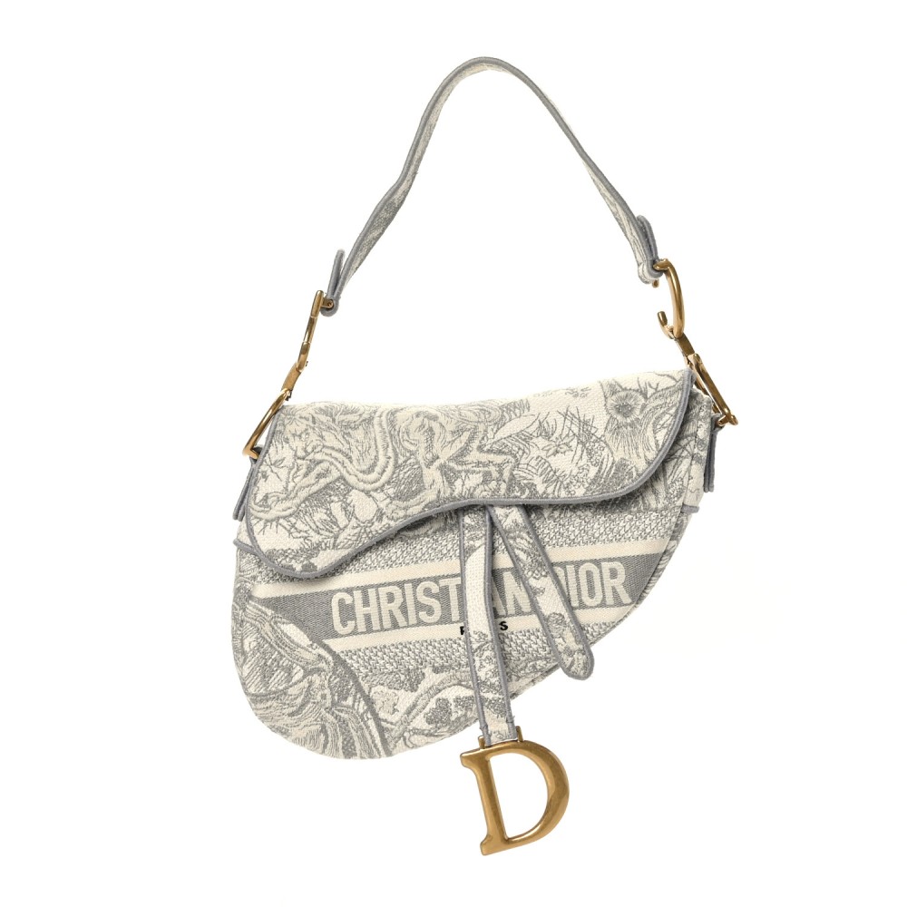 Canvas Embroidered Toile de Jouy Saddle Bag Gray