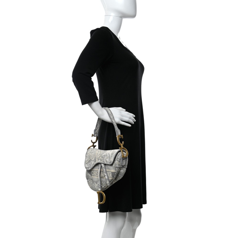 Canvas Embroidered Toile de Jouy Saddle Bag Gray