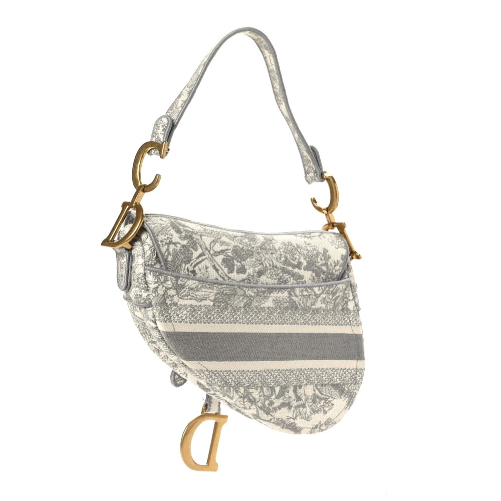 Canvas Embroidered Toile de Jouy Saddle Bag Gray