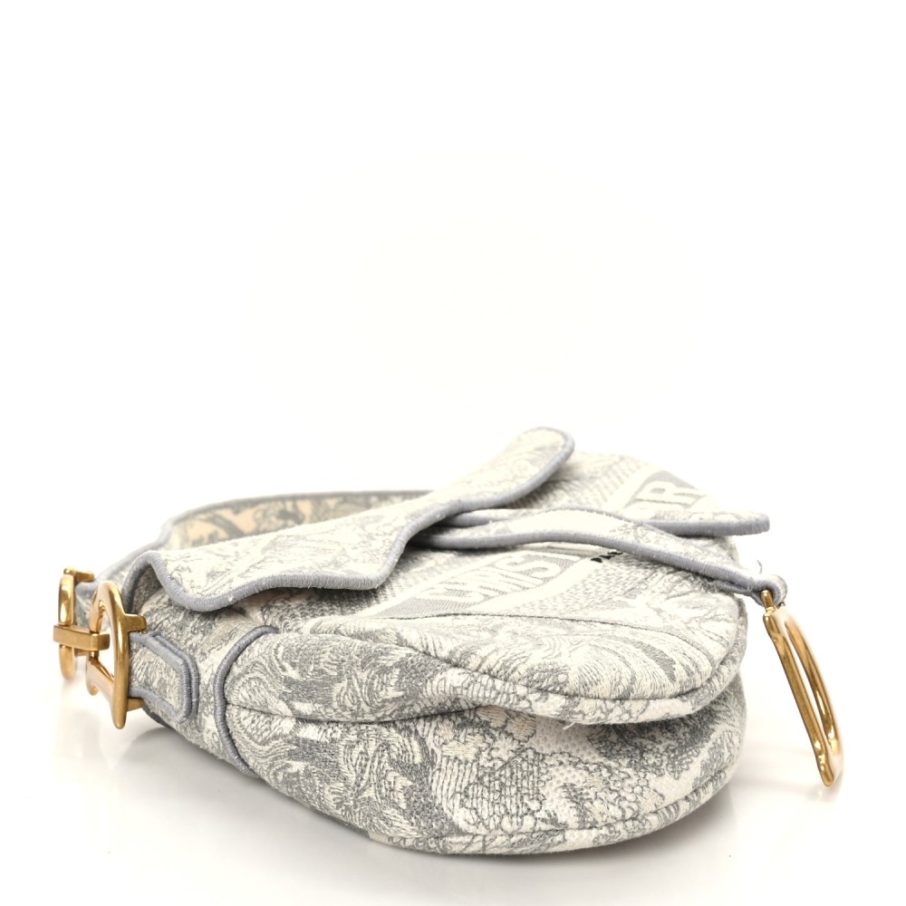 Canvas Embroidered Toile de Jouy Saddle Bag Gray