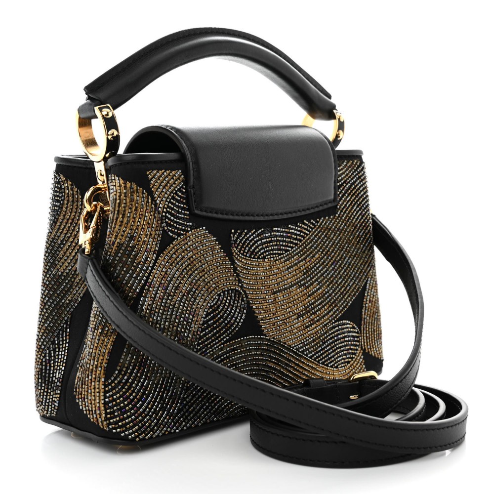 Satin Beaded Embroidered Cruella Calfskin Capucines Mini Gold Black