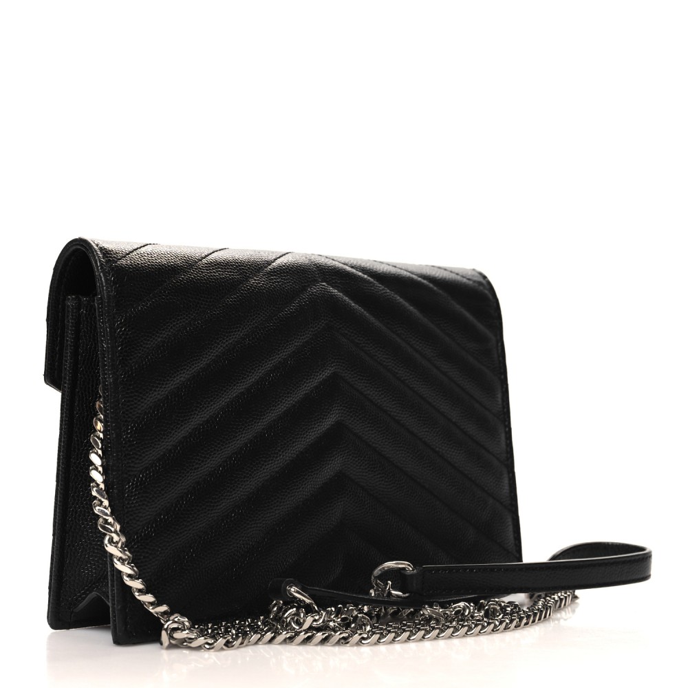 Grain De Poudre Matelasse Chevron Monogram Envelope Chain Wallet Black