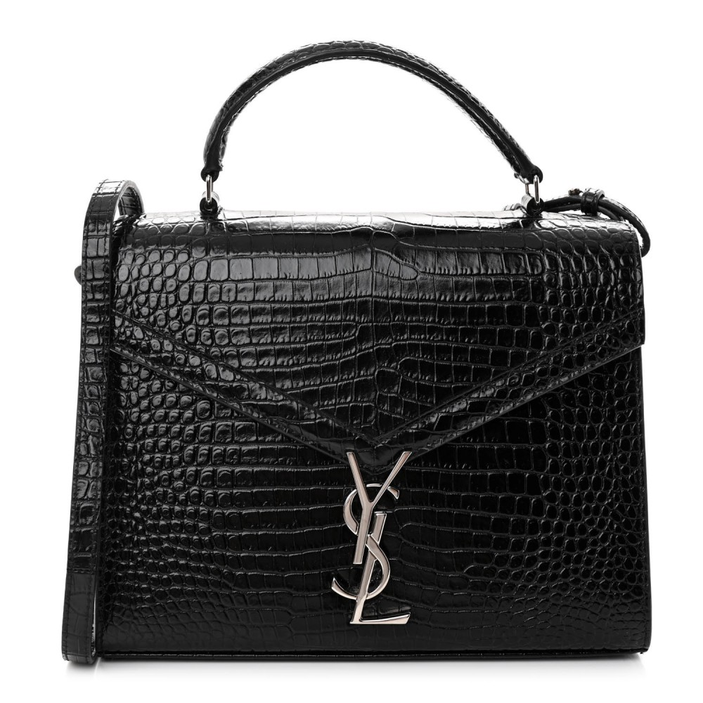 Calfskin Crocodile Embossed Medium Classic Monogram Cassandra Top Handle Black