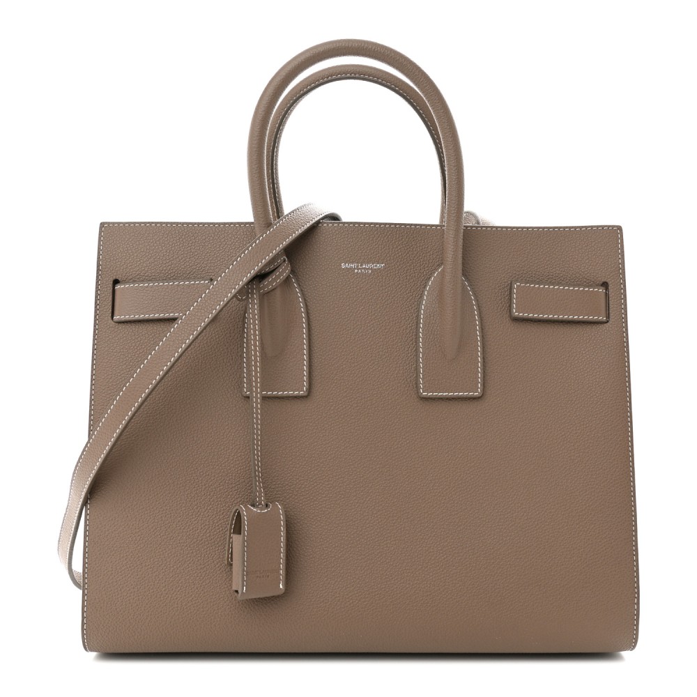 Grained Calfskin Topstitch Small Classic Sac De Jour Taupe