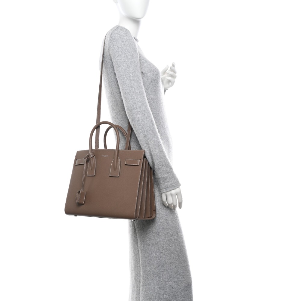 Grained Calfskin Topstitch Small Classic Sac De Jour Taupe