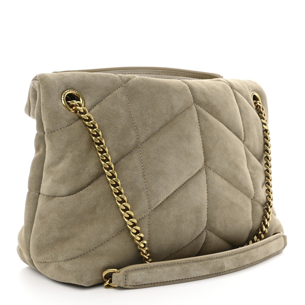 Suede Calfskin Quilted Small Loulou Puffer Monogram Chain Satchel Matte Gold