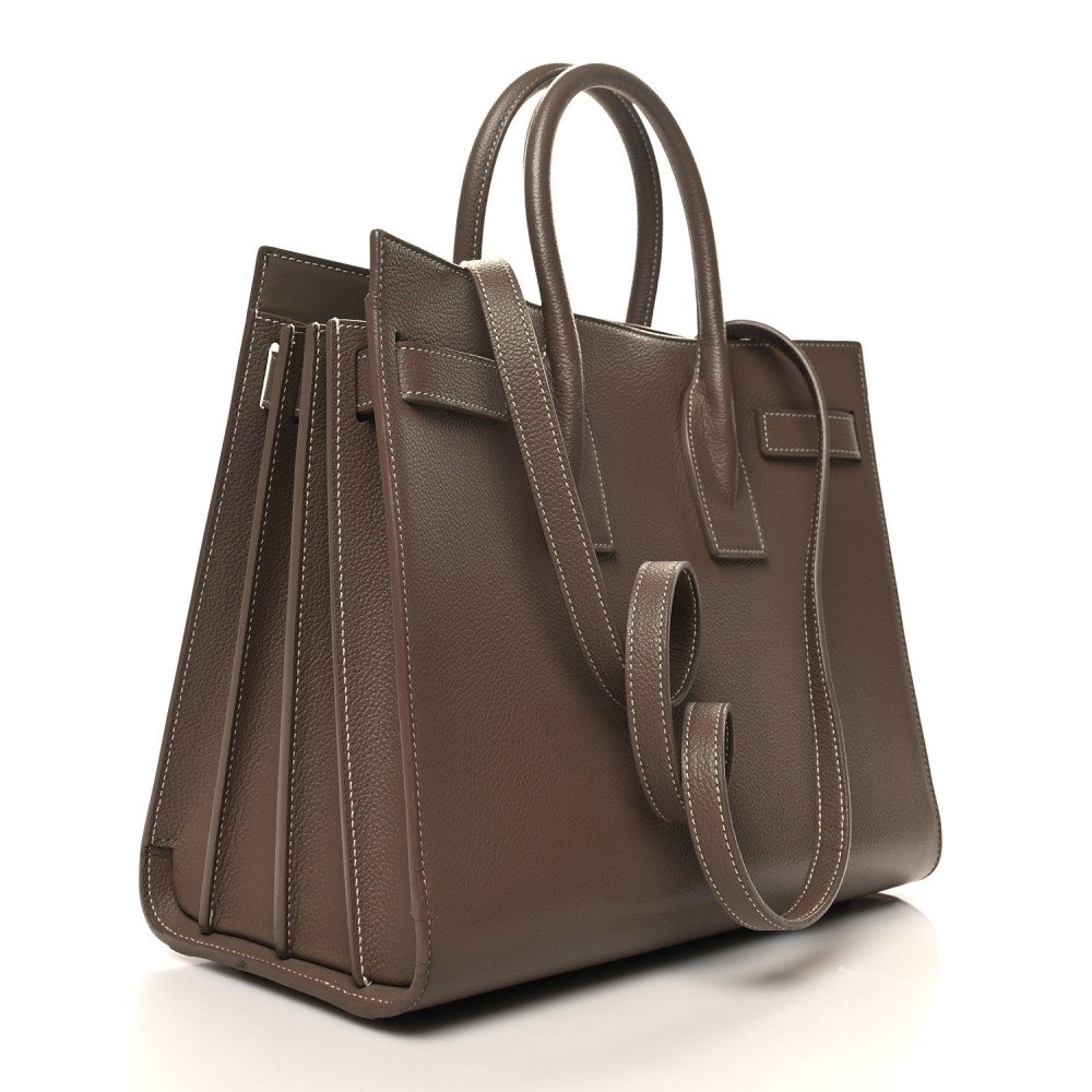 Grained Calfskin Topstitch Small Classic Sac De Jour Taupe