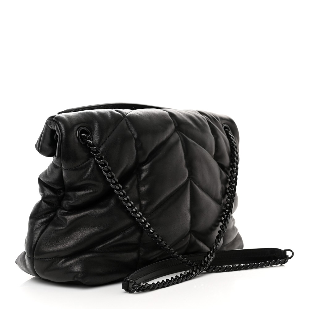 Lambskin Quilted Monogram Monochrome Medium Loulou Puffer Chain Satchel Black