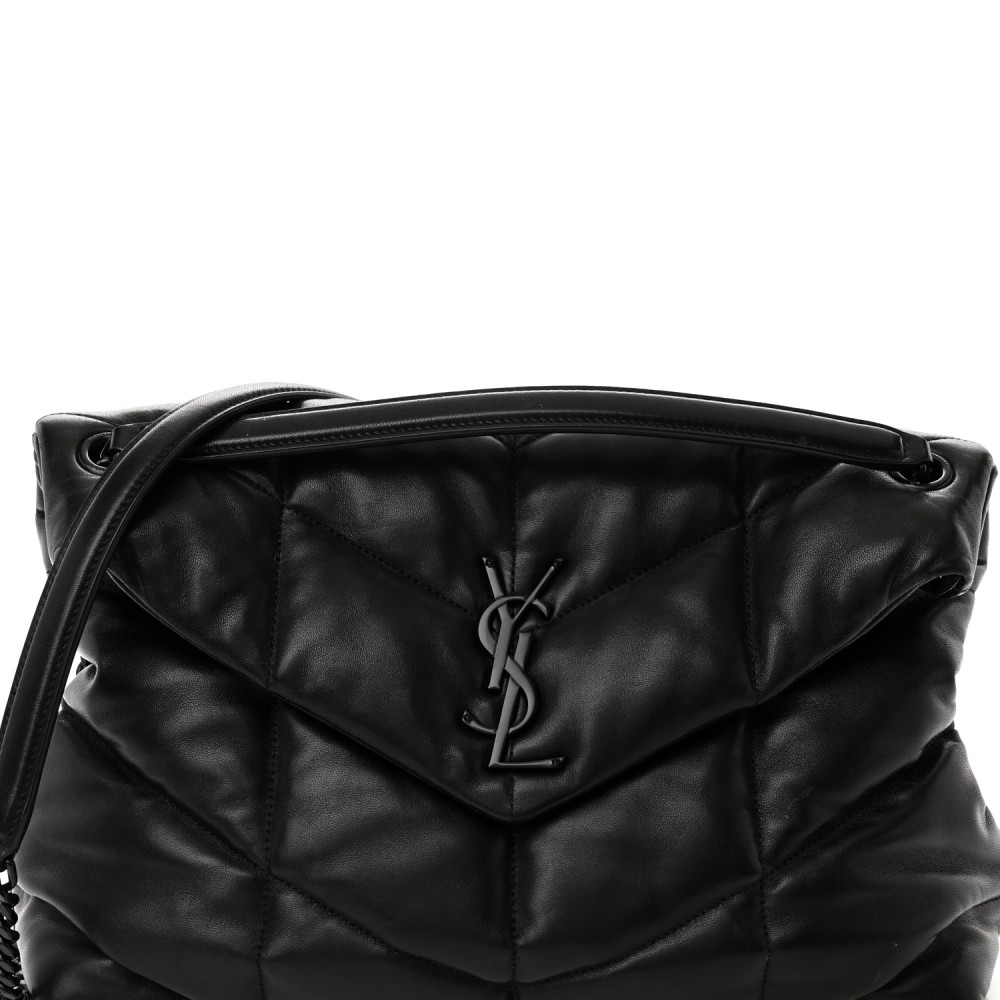 Lambskin Quilted Monogram Monochrome Medium Loulou Puffer Chain Satchel Black