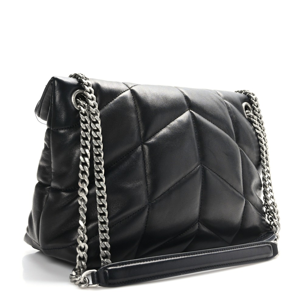 Lambskin Quilted Small Loulou Puffer Monogram Chain Satchel Black