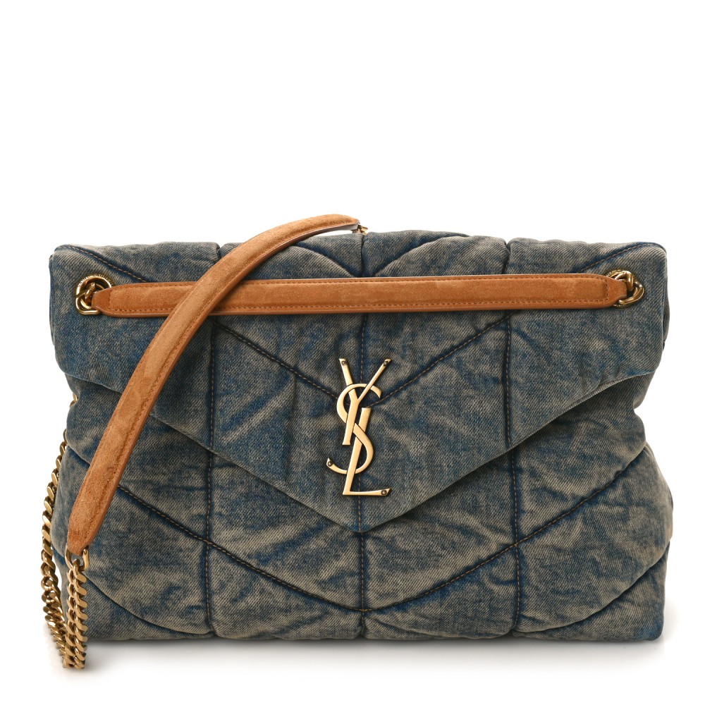 Denim Quilted Medium Loulou Puffer Monogram Chain Satchel Blue Cinnamon