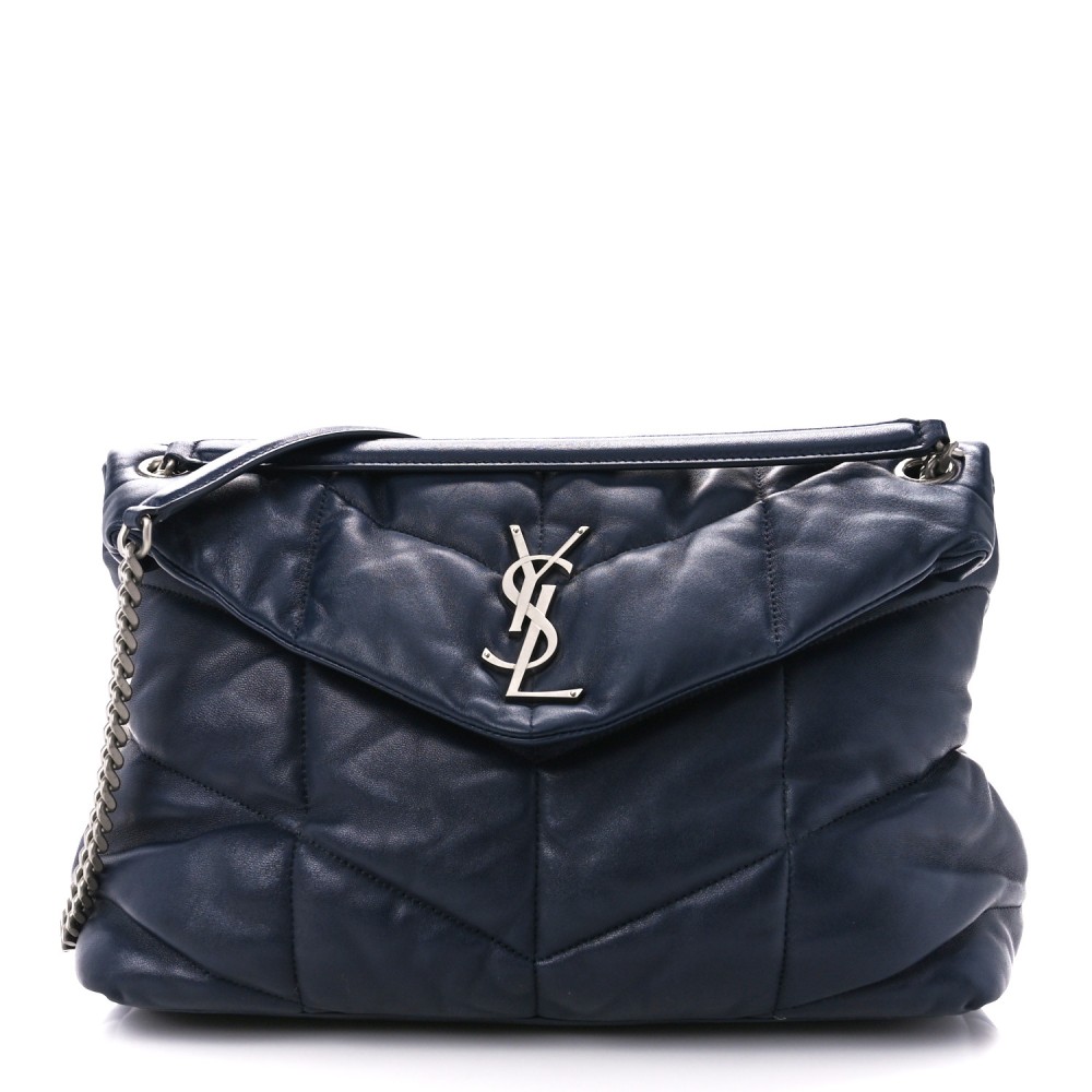 Lambskin Quilted Medium Loulou Puffer Monogram Chain Satchel Navy