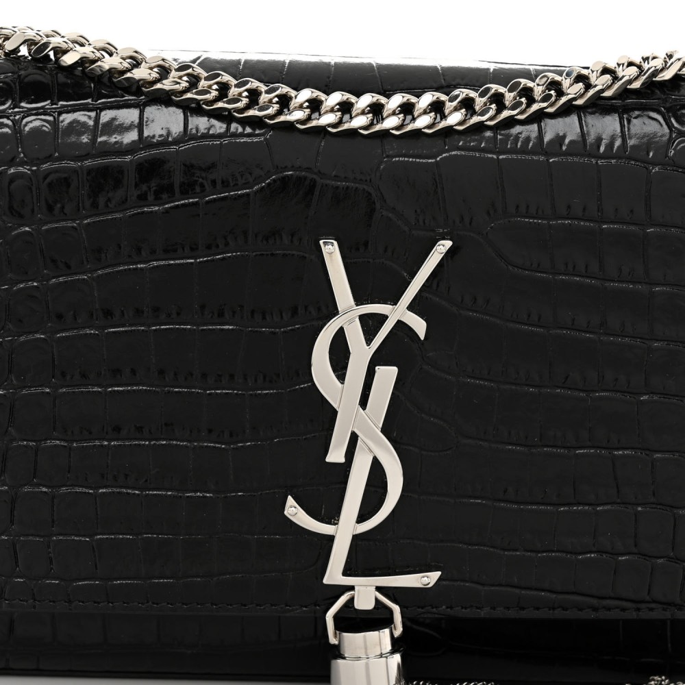 Calfskin Crocodile Embossed Small Classic Monogram Kate Tassel Satchel Black