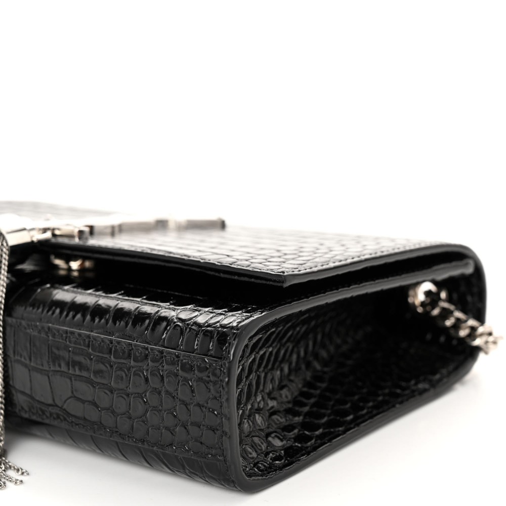 Calfskin Crocodile Embossed Small Classic Monogram Kate Tassel Satchel Black